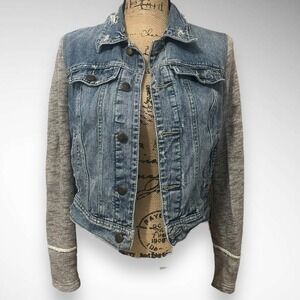 FREE PEOPLE Collared Knit and Denim Jean Jacket Size XS | EUC‎